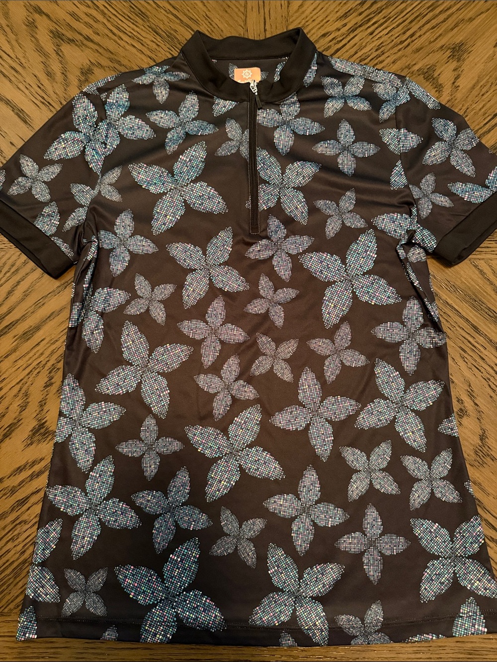 Hogan Black Short-Sleeve Floral Zip-Front Top with Iridescent Blue Flowers